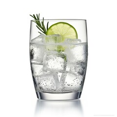 Gin tonic glass of water with ice isolated on white background.