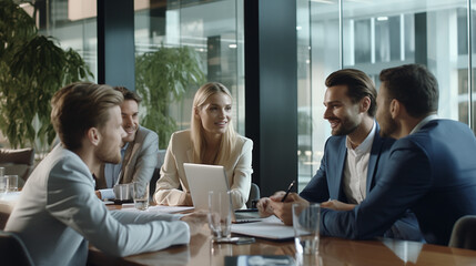 Unternehmer bei einem Team-Meeting - Gruppe von Kollegen und Geschäftsleuten sitzen in einem Büro und kommunizieren über Geschäfte und haben Spaß bei der Arbeit