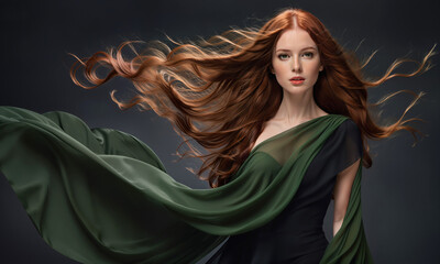 dancing woman with flowing red hair - obrazy, fototapety, plakaty