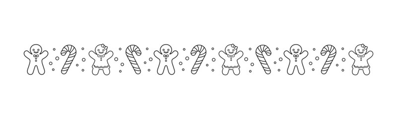 Christmas themed decorative border and text divider, Gingerbread Cookies and Candy Cane Pattern Outline Doodle. Vector Illustration.