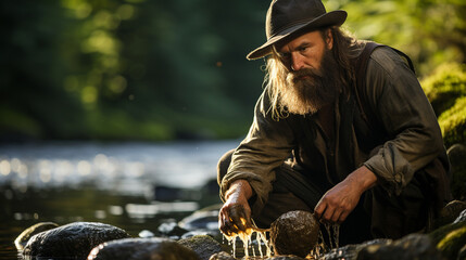 A prospector panning for gold in a river, with the serene natural surroundings contrasting the pursuit of valuable minerals - obrazy, fototapety, plakaty