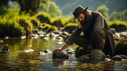 A prospector panning for gold in a river, with the serene natural surroundings contrasting the pursuit of valuable minerals - obrazy, fototapety, plakaty