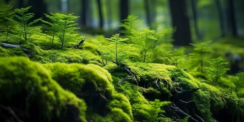 Green moss closeup, with a backdrop of woodland.  Forest in the national park.