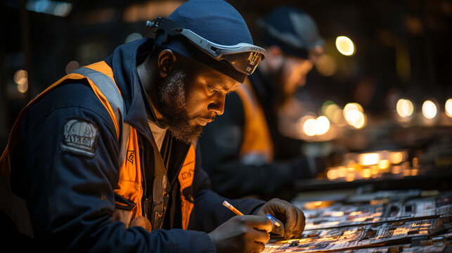 A mining engineer studying blueprints and schematics to optimize mining processes for maximum efficiency