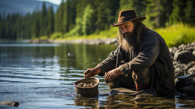 A prospector panning for gold in a river, with the serene natural surroundings contrasting the pursuit of valuable minerals