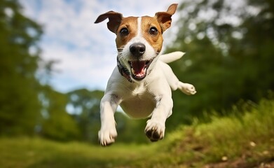 Jack Russel Parson Dog Run Toward The Camera Low Angle High Speed Shot.