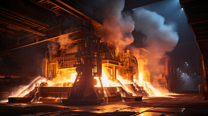 A blast furnace, part of a smelting operation, glowing fiercely as it transforms raw materials into refined metals