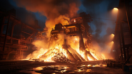 A blast furnace, part of a smelting operation, glowing fiercely as it transforms raw materials into refined metals - obrazy, fototapety, plakaty