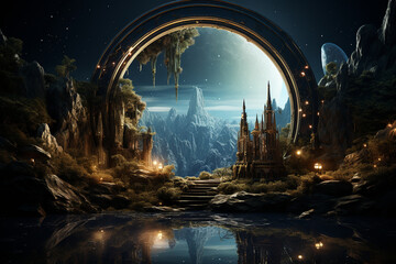 A sorcerer's enchanted mirror reflecting alternate dimensions, illustrating the love and creation of portals to other realms, love and creation - obrazy, fototapety, plakaty