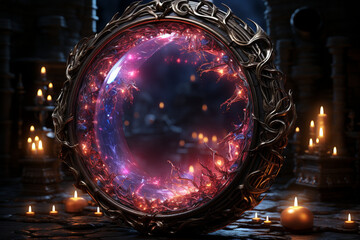 A sorcerer's enchanted mirror reflecting alternate dimensions, illustrating the love and creation of portals to other realms, love and creation