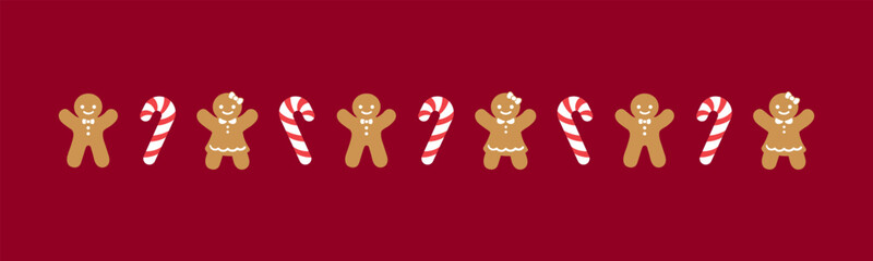 Christmas themed decorative border and text divider, Gingerbread Cookies and Candy Cane Pattern. Vector Illustration.