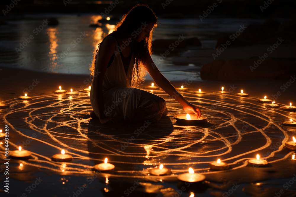 Wall mural a sorcerer drawing sacred symbols in the sand during a moonlit beach ritual, symbolizing the love an