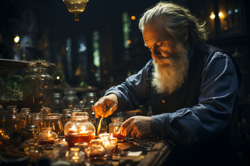 A potion master carefully mixing ingredients in a dimly lit apothecary, symbolizing the love and creation of mystical elixirs, love and creation