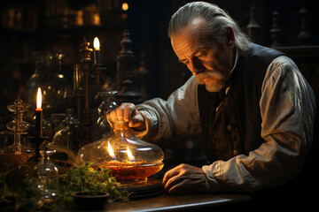 A potion master carefully mixing ingredients in a dimly lit apothecary, symbolizing the love and creation of mystical elixirs, love and creation