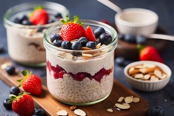 Mixed berries overnight oats with almond flakes in a glass jar, healthy breakfast.