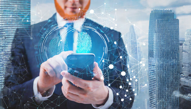 Cyber security network. Data protection concept. Business man using mobile phone for digital banking with fingerprint biometric network security technology, cloud computing, data encryption