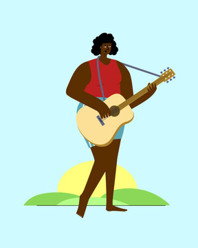 Portrait of young African lady in summer top and shorts playing guitar. Cartoon stylish vector character design. Vector illustration