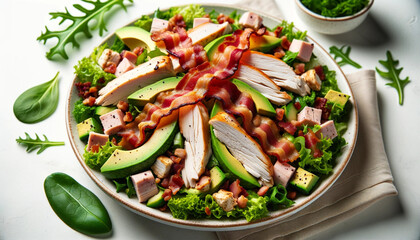 Triple Delight: Chicken, Bacon, and Avocado Salad Ensemble