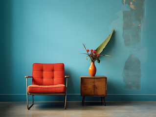 Modern Living Room with Azure Blue Walls and Linoleum Floor
