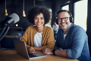 Cheerful smiling multiracial blogger couple hosting a podcast in the studio. An African American woman and a Caucasian man wearing headphones sit at a table with microphones and a laptop chatting.