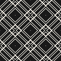 Seamless vector pattern with diamond-shaped geometric lattice; white thin lines forming grid design on black backdrop for texture, abstract backgrounds, and repeat minimalist ornament projects