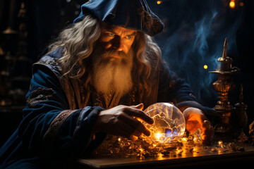 A sorcerer using a crystal pendulum for divination, seeking answers to life's questions, symbolizing the love and creation of guidance, love and creation