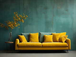 Teal Sofa with Yellow Pillows and Concrete Wall