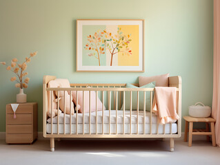 Nursery Crib and Mobile in Pastel Tones