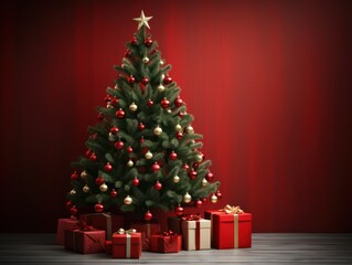 Fototapeta na wymiar Christmas Tree Pine Decor Red Background New Year Holiday Gifts
