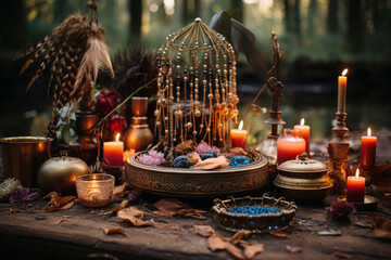 An altar adorned with feathers, candles, and dreamcatchers for dream magic, capturing the love and creation of dream exploration, love and creation
