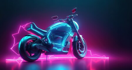 Bright purple and azure futuristic motorbike illuminated by glowing neon lights on dark background.