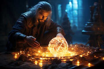A sorcerer creating a protective ward with glowing runes, illustrating the love and creation of magical defenses, love and creation - obrazy, fototapety, plakaty