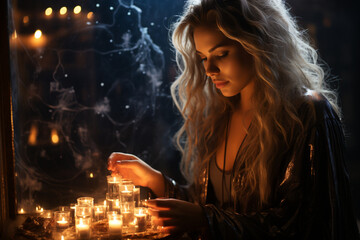 A sorceress gazing into a scrying mirror to receive visions of the future, symbolizing the love and creation of divination arts, love and creation - obrazy, fototapety, plakaty