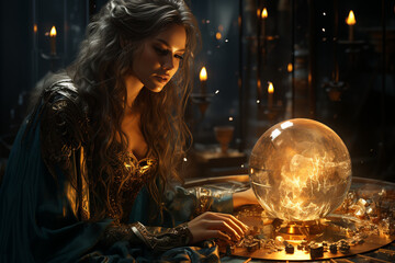 A sorceress gazing into a scrying mirror to receive visions of the future, symbolizing the love and creation of divination arts, love and creation