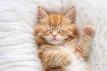 Obraz na płótnie Canvas Red kitten, cat sleeping cute on white fur.