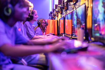 young group of gamer playing computer in a row with focus on african american teenage girl looking...