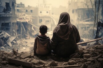 Mother and son sitting on the ruins of a building in the city, war and disaster concept. ai generative
