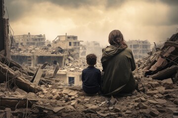 mother and son observe the destroyed city, war and disaster concept.