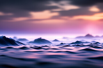 sunset over waves sea in violet and blue tones