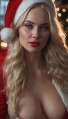 Smiling beautiful Caucasian American woman in Santa clothes on a Christmas background illustration. New Year's celebration with copy space.