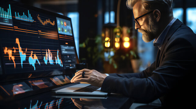 Advanced Business Analytics and Data Mining, Futuristic Technology and Golden Insights, dashboard filled with intricate graphs and charts with cutting-edge technology