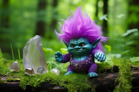 Tale troll with crystals in the forest, natural green background.