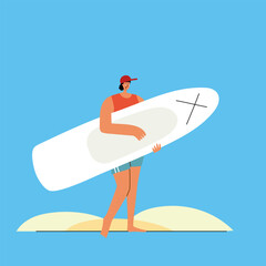 Woman holding sup board at the beach. Simple style abstract human for the main page, banner for website, mobile app, book cover. Vector illustration