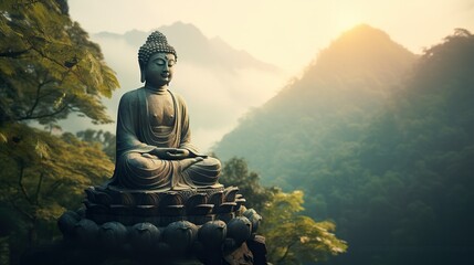 Close-up of the Buddha statue in the lotus position. With a view of the forest and mountains