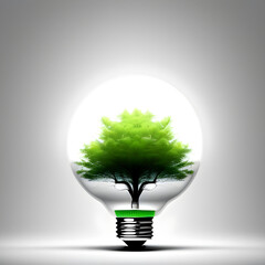 Representation of green energy with tree growing within a LED light bulb to combat global warming.  Generative AI