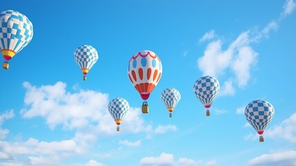 Easter egg-decorated hot air balloons with cotton clouds over a vivid blue background. Lay flat. innovative idea.