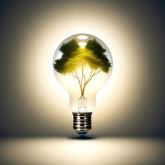 Representation of green energy with tree growing within a LED light bulb to combat global warming.  Generative AI