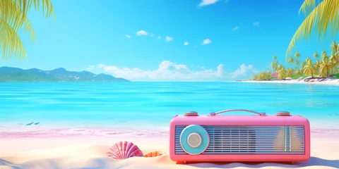 Poster Radio device on an sandy sea beach. Teal & pink colored radio on the sand near the ocean water. Aquamarine & red radio near a palm tree on a empty desert island. Turquoise & purple radio station. © Colourful-background