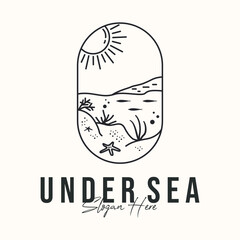 nature under sea line art logo vector minimalist illustration design, view of underwater logo design