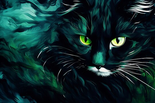 An evil black cat in green and black color image